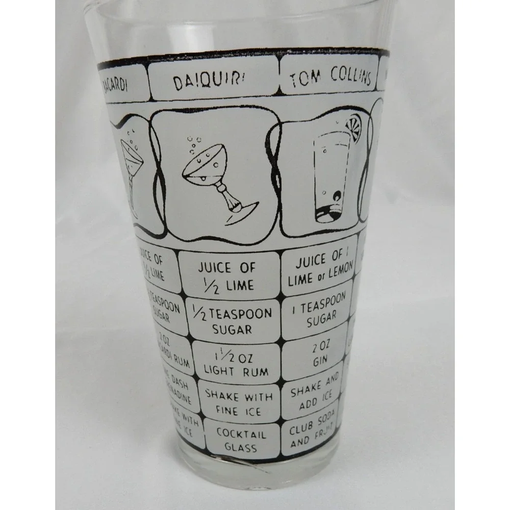 Vintage Glass Cocktail Recipe Pint Glass Bar Mixer Retro Clear + Frosted